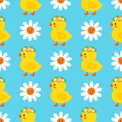 Fototapeta premium Cute Yellow Duckling Floating Among White Daisy Flowers Repeat Design