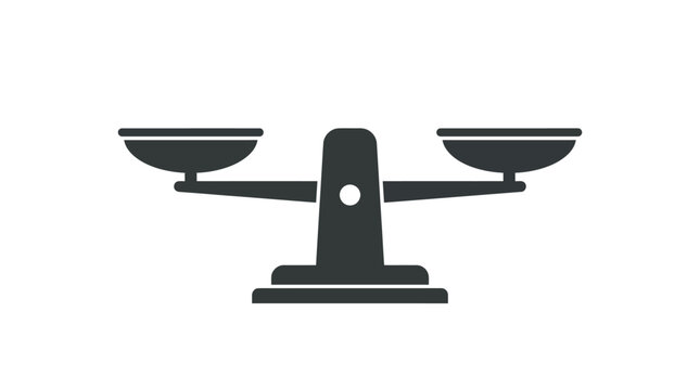 Balanced weighing scale icon featuring simple flat design style with dark gray vector graphics isolated on white background for legal or justice themed digital projects