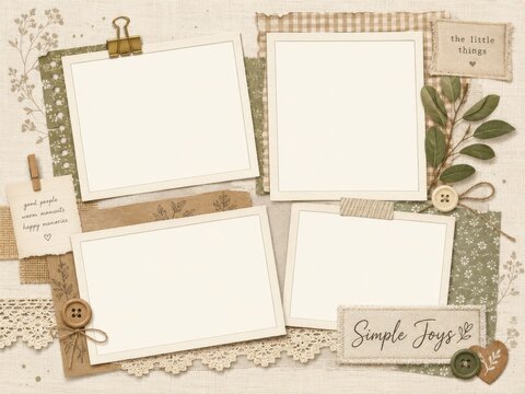 Scrapbook photo album page template with blank picture frames and decorative vintage elements. Collage mockup for memory keeping, crafts, personal photography and creative journaling design