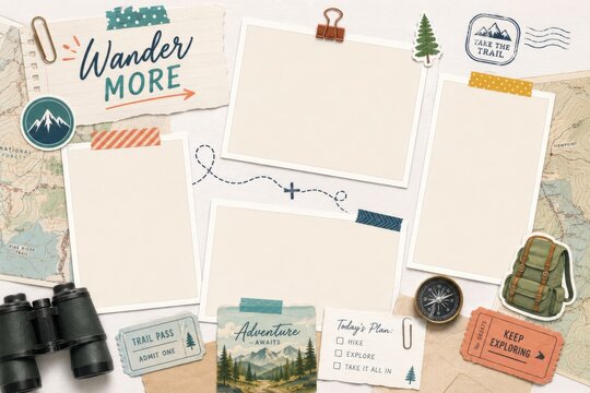 Scrapbook photo album page template with adventure theme frames for travel memories. Blank paper collage layout with map, compass, binoculars and decoration for vacation story memories