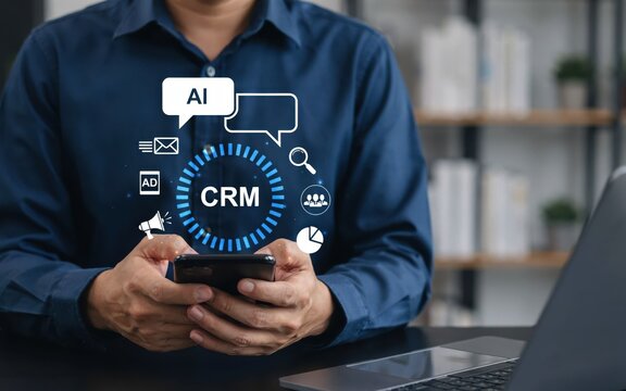 Businessman using smartphone with ai crm digital interface