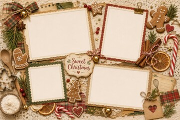 Obraz premium Scrapbook photo album collage page with empty frames for Christmas memory. Festive holiday decoration with gingerbread, cinnamon and candy cane on vintage lace background for greeting card