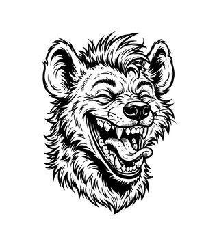 Funny vector illustration of a laughing hyena head featuring a bold black and white graphic style silhouette