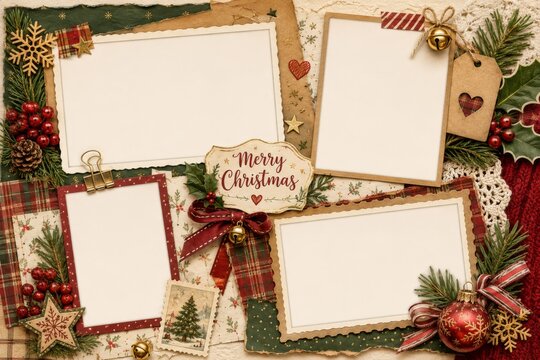 Scrapbook photo album collage with Merry Christmas sign. Festive frame mockup with holiday decor, pine branch, ribbon and berry for winter season memory preservation and greeting card design