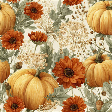 Thanksgiving pumpkin garden pattern with golden orange gourds and autumn flowers creating warm seasonal atmosphere