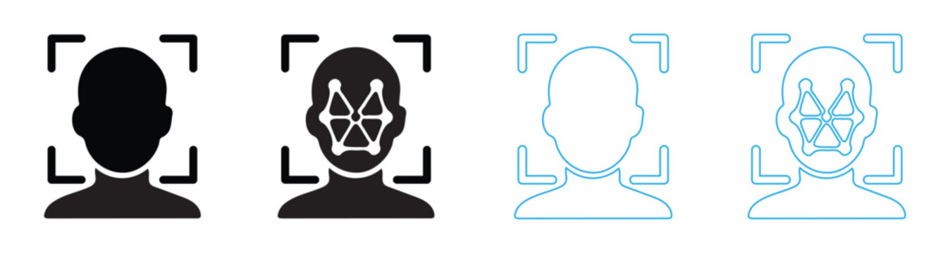 Facial Recognition Icon with Camera Frame and Network Grid for Biometric Security