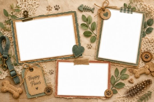 Scrapbook photo album page with three empty frames for pet memories. Collage template decorated with dog and cat items on vintage paper background. Creative hobby design for animal lover