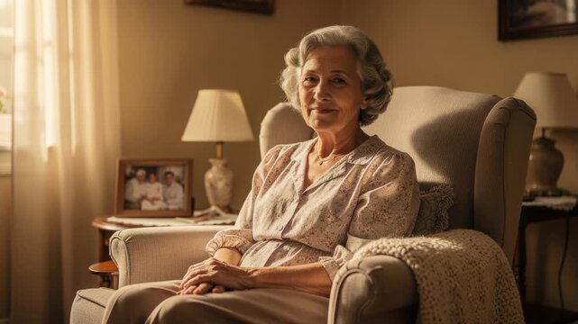 Smiling elderly woman sitting comfortably in cozy living room with warm natural light