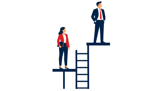 Businessman and businesswoman standing at different heights on a corporate ladder showing unequal platforms and gender pay gap in workplace career advancement vector illustration