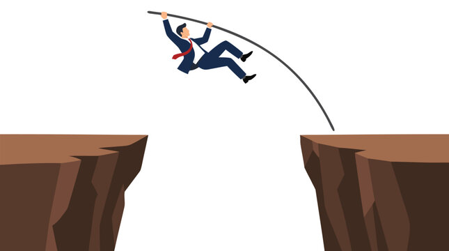 Businessman in suit pole vaulting across deep canyon gap with long pole, bold flat colors vector illustration depicting ambition, risk taking, and overcoming obstacles metaphor