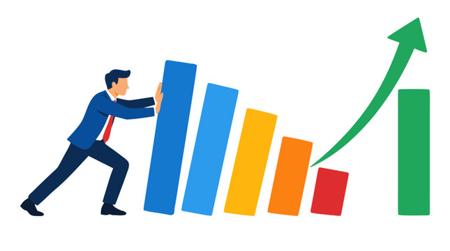Businessman pushing up a falling bar chart with a rising green arrow, flat bold colorful vector illustration depicting financial recovery, turnaround, growth strategy, and business success concept on