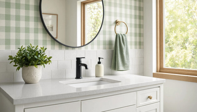 Modern bathroom vanity featuring green gingham wallpaper and a minimalist black faucet design.