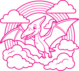 Pterodactyl flies joyfully through fluffy clouds and a bright rainbow in this cheerful monochromatic line art graphic. © Rokibul