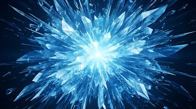 Sharp blue ice crystals exploding outwards from a central bright light source against a deep dark blue background, crystalline structure