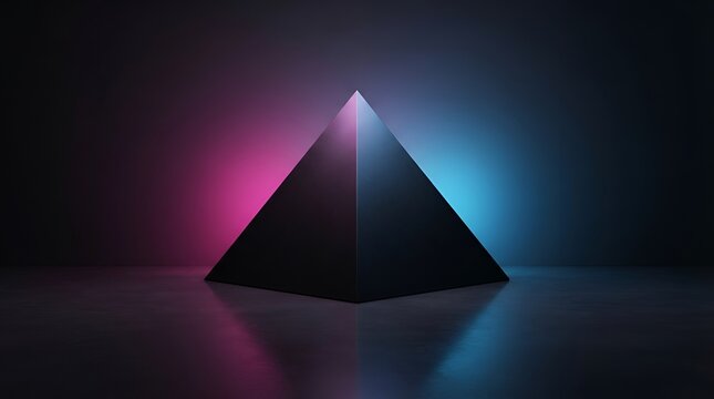 Three dimensional pyramid shape with glowing pink and blue light edges standing on a dark reflective floor in a dim abstract environment