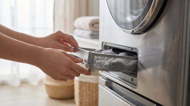 Person removes lint filter from front-loading washing machine