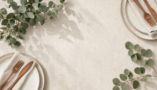 Aesthetic table setting with eucalyptus branches and wooden cutlery on neutral linen background.