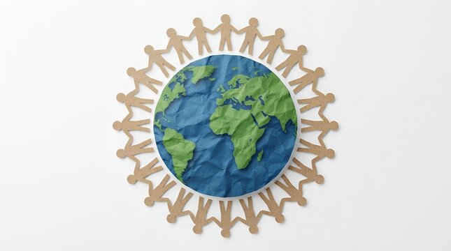 Paper cutout people holding hands in a circle around a crumpled paper globe representing global unity, community, and environmental awareness