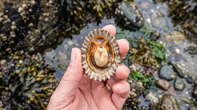 Close Up of Sea Limpet Shell with Algae in Golden Light