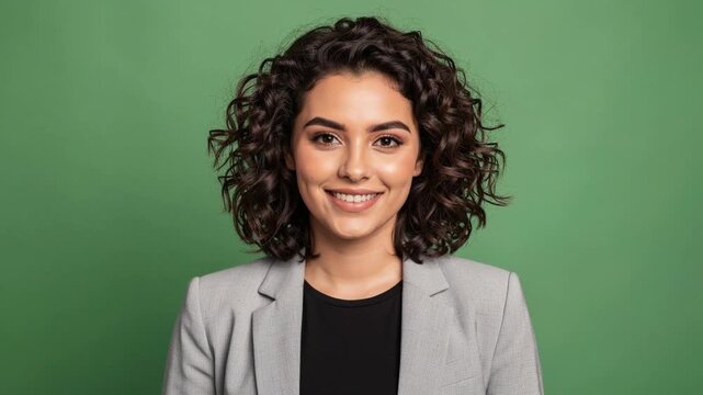 Confident young businesswoman with curly hair smiling against green background in professional attire