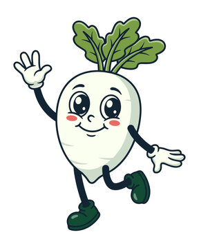 Happy Cartoon Radish Character Waving and Walking