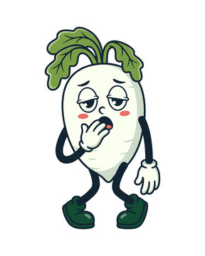 Tired Daikon Radish Cartoon Character Yawning