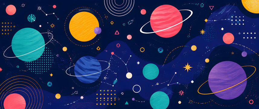 Colorful abstract space planets and stars illustration