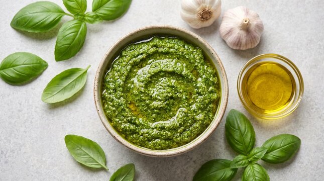 Fresh green basil pesto in a rustic bowl with raw ingredients for healthy cooking.
