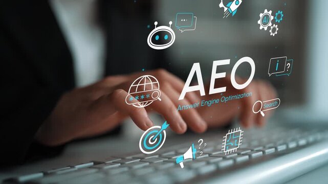 Hands Typing on Keyboard with AEO for Answer Engine Optimization Concept, Digital Technology and Marketing Strategy Illustrations. Entropy.