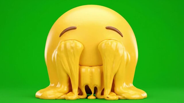 3D Melting Emoji Dripping Liquid from Eyes and Face on Green Screen. 4K Video