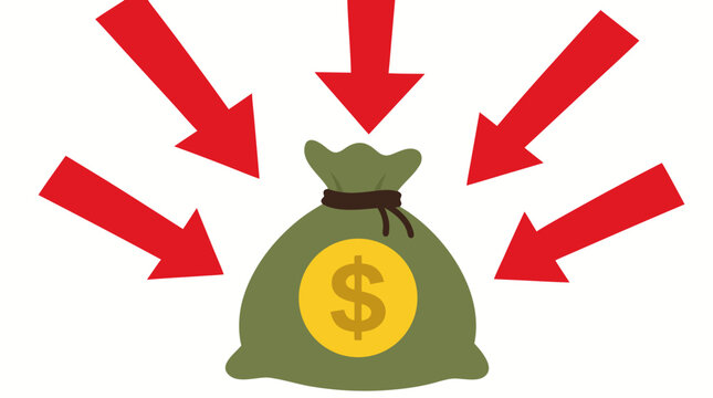 Red downward arrows attacking a money bag, dramatic flat design on a clean solid white background, financial loss, market crash, bankruptcy concept vector illustration