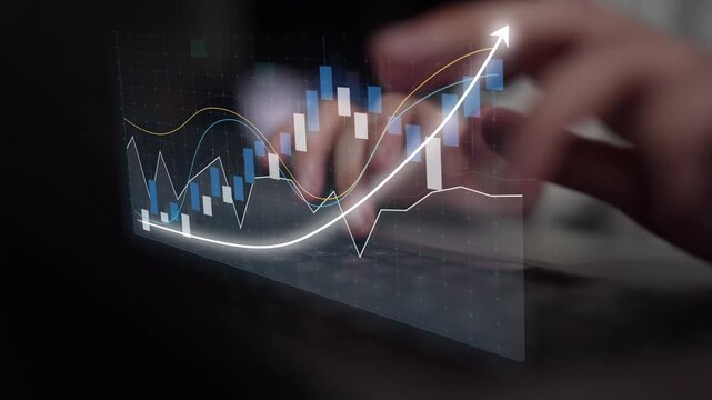 A digital representation of hands interacting with a financial growth chart, showcasing trends and data analysis, perfect for illustrating investment opportunities and market insights. Copula