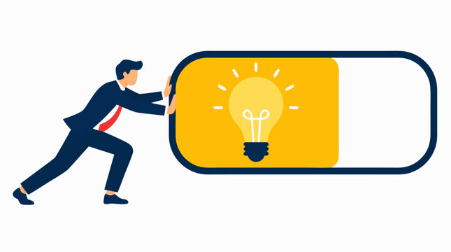 Businessman pushing giant loading bar with glowing light bulb, illuminated idea and innovation concept, bold flat vector colors, progress, inspiration and creativity metaphor