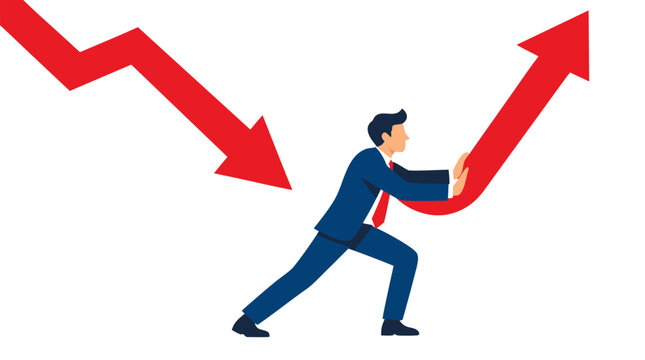 Businessman redirecting red downward arrow to upward trend, bold flat vector illustration showing market recovery, financial turnaround, and strategic reversal on clean white background