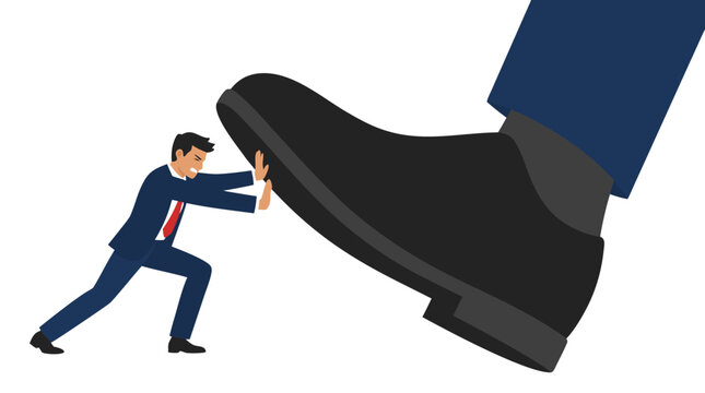 Stressed businessman pushing against giant black shoe pressing down, bold flat colors, white background, vector illustration depicting workplace pressure, corporate burden, and business struggle