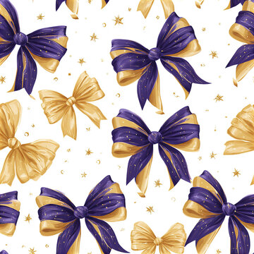 Whimsical royal bow pattern with purple and golden ribbons and sparkling stars on white background creating festive mood