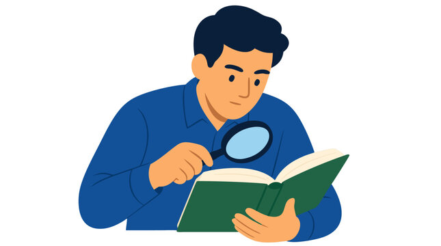 Man reading open book with magnifying glass in bold flat colors on white background, vector illustration for education, research, and learning concepts