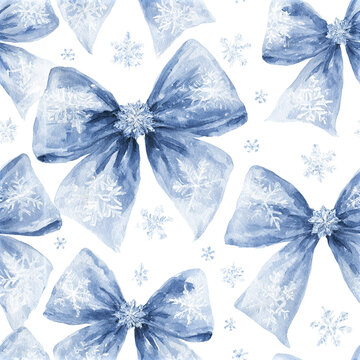 Whimsical winter ribbon pattern featuring large and small snowflake decorated bows in soft blue watercolor style