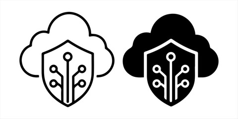 Naklejka premium Cloud Security Icon Set White Style Collection. Cloud Security icon representing secure cloud services, encryption, privacy protection, and cybersecurity solutions.Black silhouette security shield . 