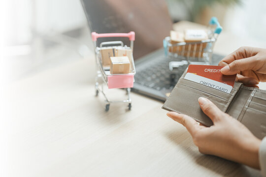online shopping payment, credit card, and wallet shape this practical household finance scene. It conveys practical choices, organized planning, everyday money management, and financial awareness.