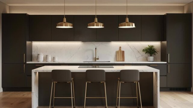 Modern kitchen interior with dark cabinets marble island and stylish pendant lights