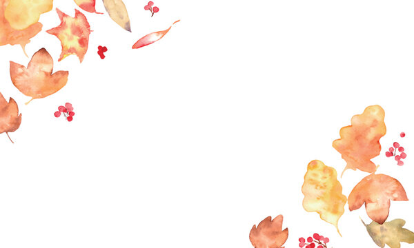 水彩秋フレーム＆紅葉素材セット｜落ち葉・もみじ・どんぐり・秋の植物・背景・コピースペース
Watercolor Autumn Frame and Fall Leaves Collection Set with Copy Space
