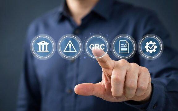 Business professional interacting with grc digital interface