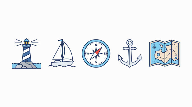 Coastal navigation icons set. Marine symbols for nautical charts and maritime safety design.