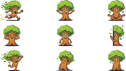 Fototapeta premium Cute Cartoon Tree Character Expression and Activity Set Featuring Running, Meditating, Strong, Peeking, Confused, and Sleeping Nature Mascot Vectors for Environment Designs