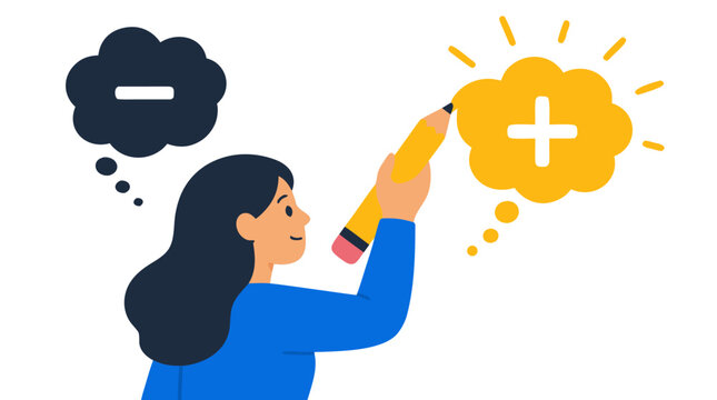 Woman drawing positive symbol with pencil to replace negative thought cloud, motivation and positive thinking concept, flat vector illustration with yellow and blue colors