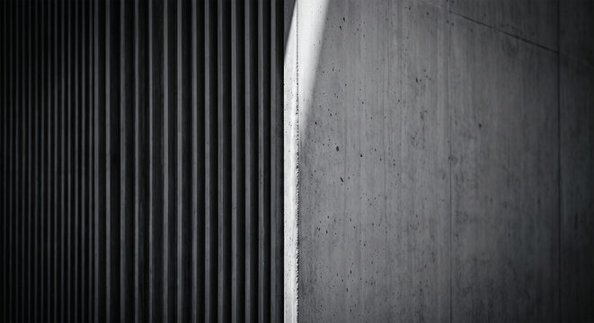 Abstract concrete wall background showing contrast between ribbed texture and smooth surface with dramatic light.