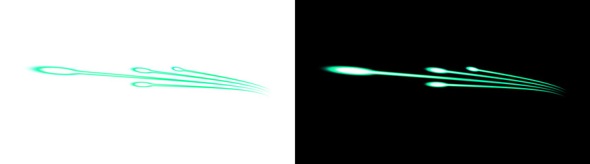 Glowing green comet light trails with tapered heads sweeping on transparent background, isolated shooting star cutout © imak