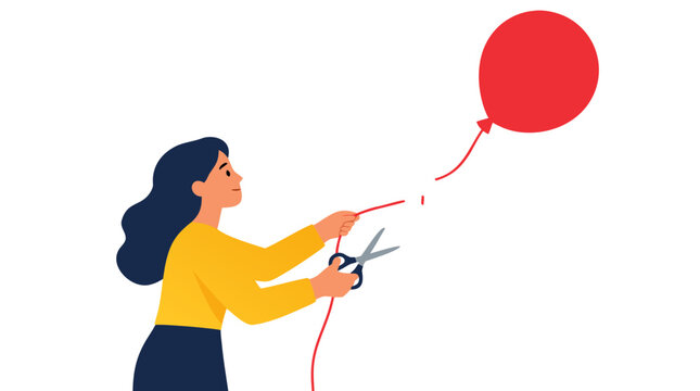 Woman cutting balloon string with scissors, red balloon floating away, flat color vector illustration, freedom, letting go, release concept design element on white background