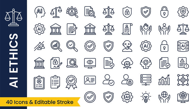 Icons representing artificial intelligence ethics include scales of justice, security shields, and biometric locks to demonstrate fair algorithms and protected data privacy in modern digital.